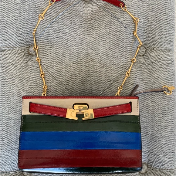Tory Burch Colorblock Patchwork Eel Leather Lee Radziwill Shoulder Bag NWT - Picture 3 of 16